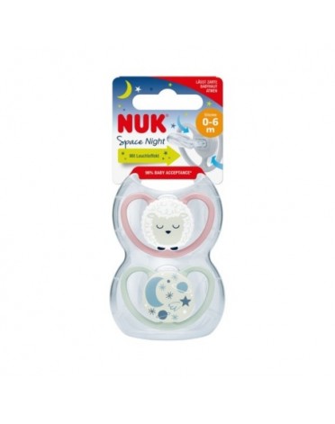 NUK Space Night,  Maat 1 (0-6m), Anatomisch - Silicone, 2-pack