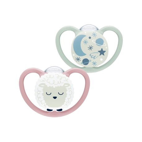 NUK Space Night,  Maat 1 (0-6m), Anatomisch - Silicone, 2-pack