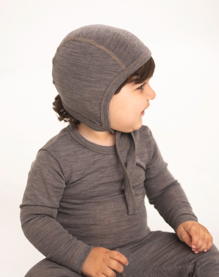 Casque bébé avec cordon en laine mérinos 100% biologique, Qualité fine - 2 couche de tissu