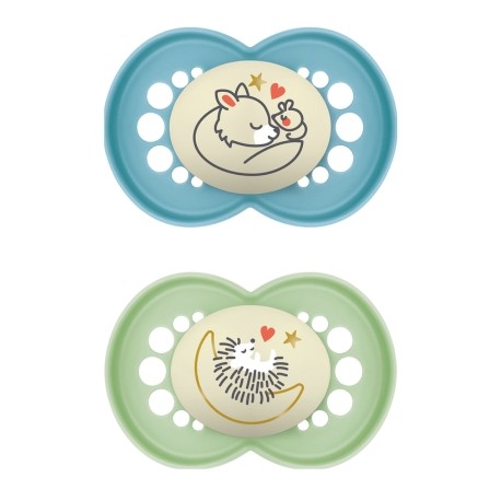 MAM Original Night 2 pak, Maat 2 (6-16 maanden) Symmetrisch - Silicone, Blauw MAM Original Night 2 pak, Maat 2 (6-16 maanden) Symmetrisch - Silicone, Blauw