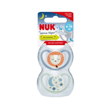 NUK Space Night,  Str. 2 (6-18 mdr.), Anatomisk - Silikone, 2-pak