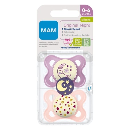 MAM Original Night 2-pack, Str. 1 (0-6 mdr.), Symmetrisk - Silikone