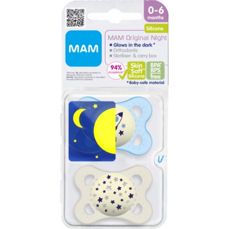 MAM Original Night 2 unités, Taille 1 (0-6 mois), Anatomique - Silicone, Bleu