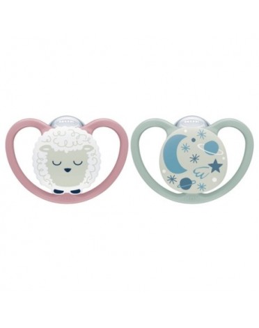 NUK Space Night,  Str. 1 (0-6 md.), Anatomisk - Silikon, 2-pk