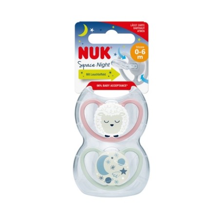 NUK Space Night,  Str. 1 (0-6 md.), Anatomisk - Silikon, 2-pk