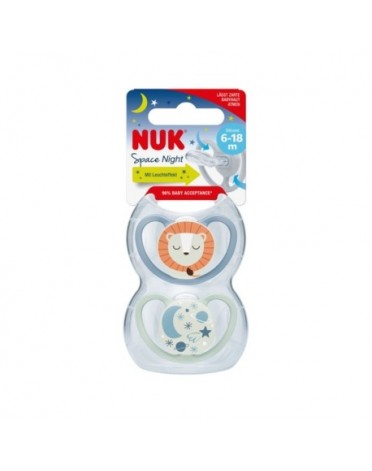 NUK Space Night,  Str. 2 (6-18 md.), Anatomisk - Silikon, 2-pk