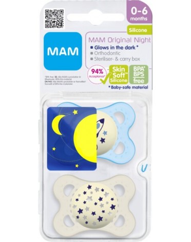 MAM Original Night 2-pack, Str. 1 (0-6 mdr.), Symmetrisk - Silikon, Blå