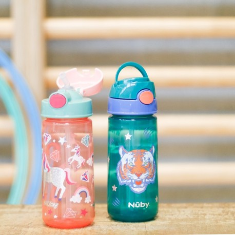 Nüby, Glittrig dricksflaska med sugrör, 3 år, Pink
